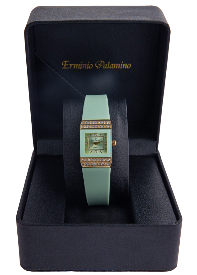 Erminio Palamino Ladies Luxury Quartz Watch, Gold-Tone Crystal Embellished, Vintage Square, Silicone Strap, Water Resistant