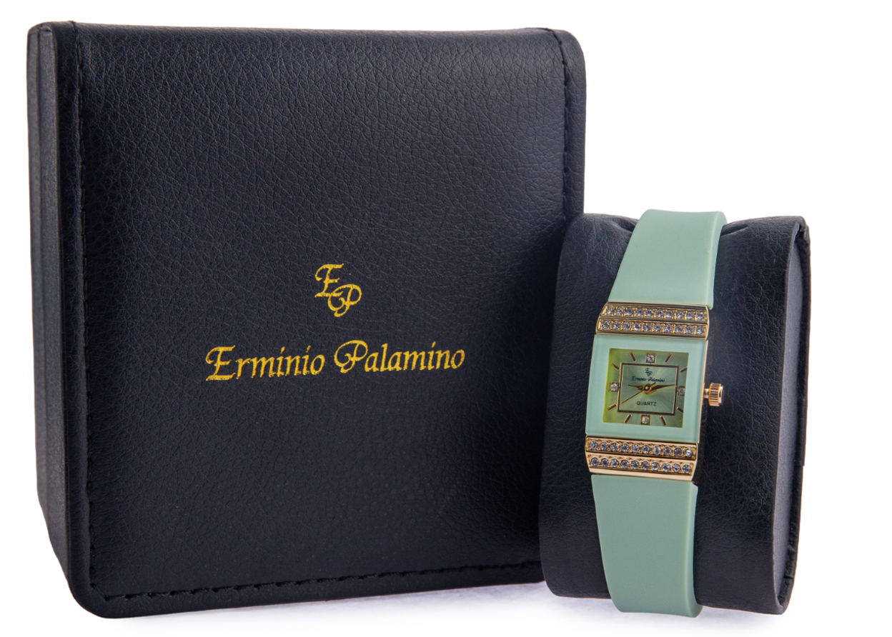 Erminio Palamino Ladies Luxury Quartz Watch, Gold-Tone Crystal Embellished, Vintage Square, Silicone Strap, Water Resistant