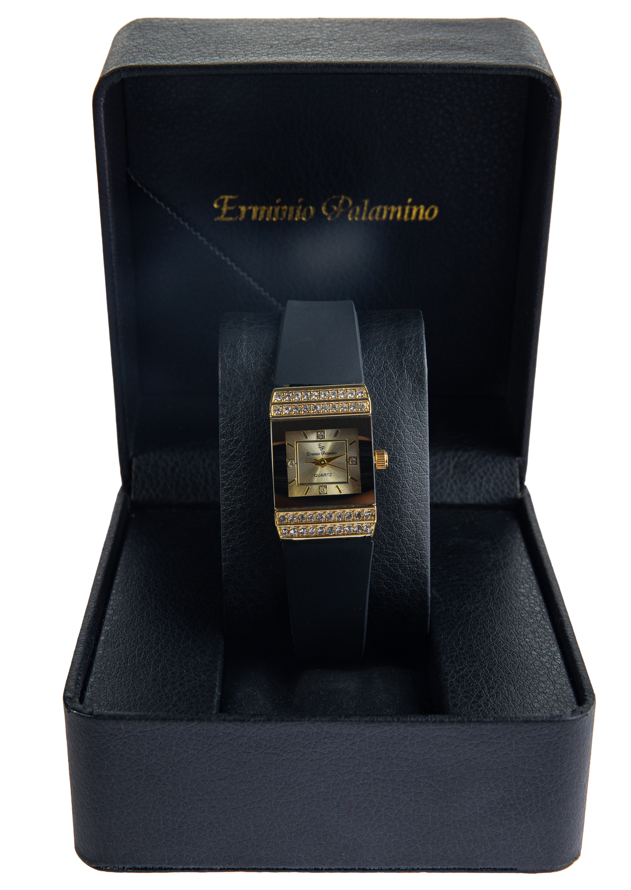 Erminio Palamino Ladies Luxury Quartz Watch, Gold-Tone Crystal Embellished, Vintage Square, Silicone Strap, Water Resistant