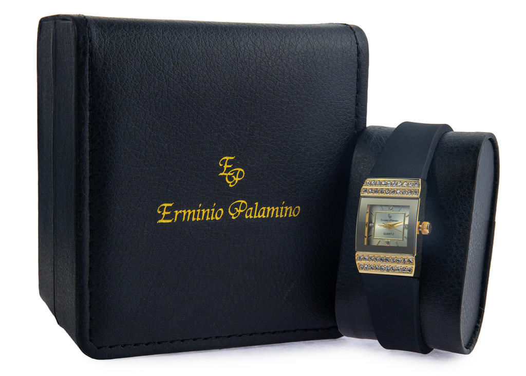 Erminio Palamino Ladies Luxury Quartz Watch, Gold-Tone Crystal Embellished, Vintage Square, Silicone Strap, Water Resistant