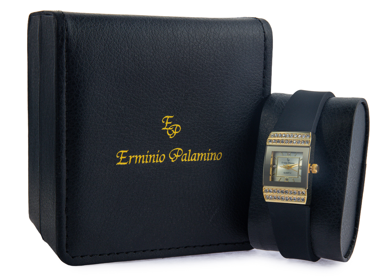 Erminio Palamino Ladies Luxury Quartz Watch, Gold-Tone Crystal Embellished, Vintage Square, Silicone Strap, Water Resistant