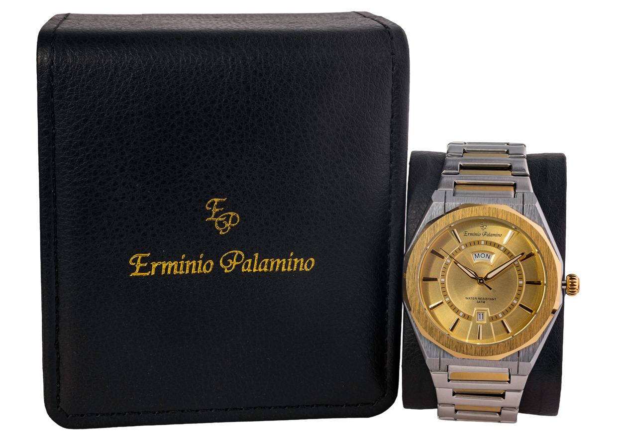Erminio Palamino Royale Men's Luxury Watch, Two-Tone Gold and Silver, Textured Dial with Date Display, Water Resistant