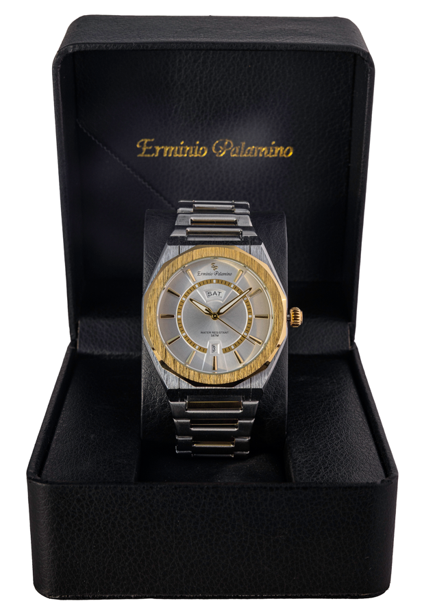 Erminio Palamino Royale Men's Luxury Watch, Two-Tone Gold and Silver, Textured Dial with Date Display, Water Resistant