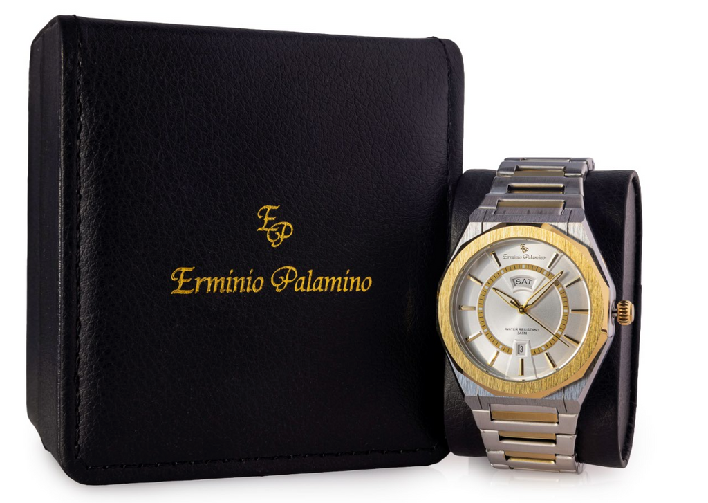Erminio Palamino Royale Men's Luxury Watch, Two-Tone Gold and Silver, Textured Dial with Date Display, Water Resistant