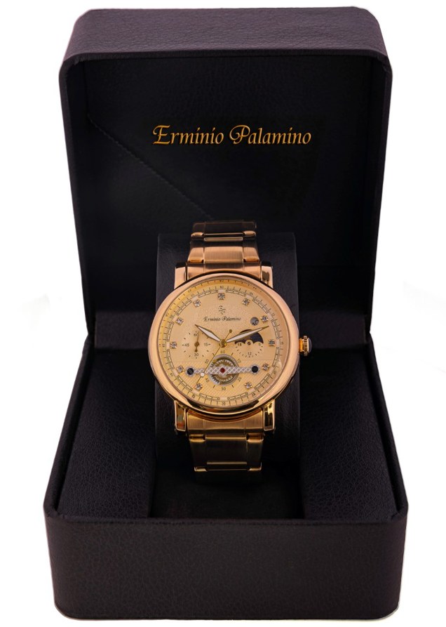 Erminio Palamino Gold-Tone Luxury Watch, Quartz Movement, Dial with Diamond Markers, Stainless Steel Band, Water Resistant