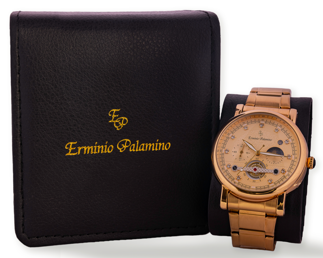 Erminio Palamino Gold-Tone Luxury Watch, Quartz Movement, Dial with Diamond Markers, Stainless Steel Band, Water Resistant
