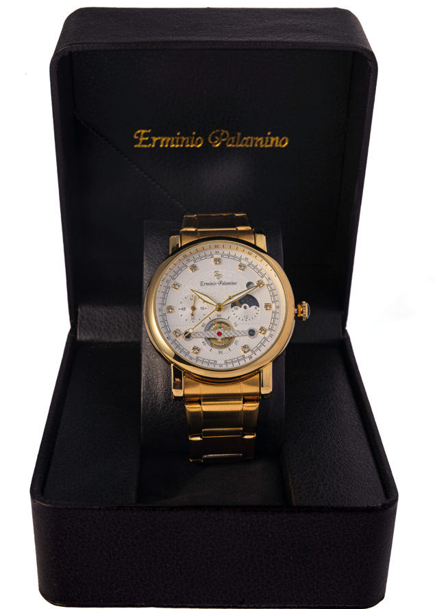 Erminio Palamino Gold-Tone Luxury Watch, Quartz Movement, Dial with Diamond Markers, Stainless Steel Band, Water Resistant