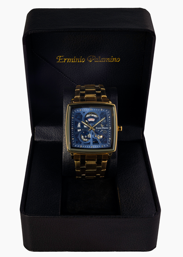 Erminio Palamino Royale - Luxury Skeleton Dial Quartz Square Men's Watch with Day-Date Display Stainless Steel Band, Water Resistant