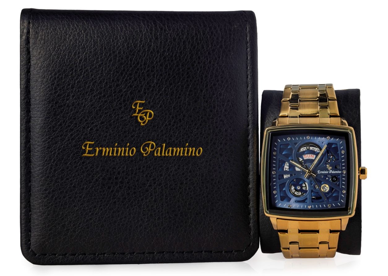 Erminio Palamino Royale - Luxury Skeleton Dial Quartz Square Men's Watch with Day-Date Display Stainless Steel Band, Water Resistant