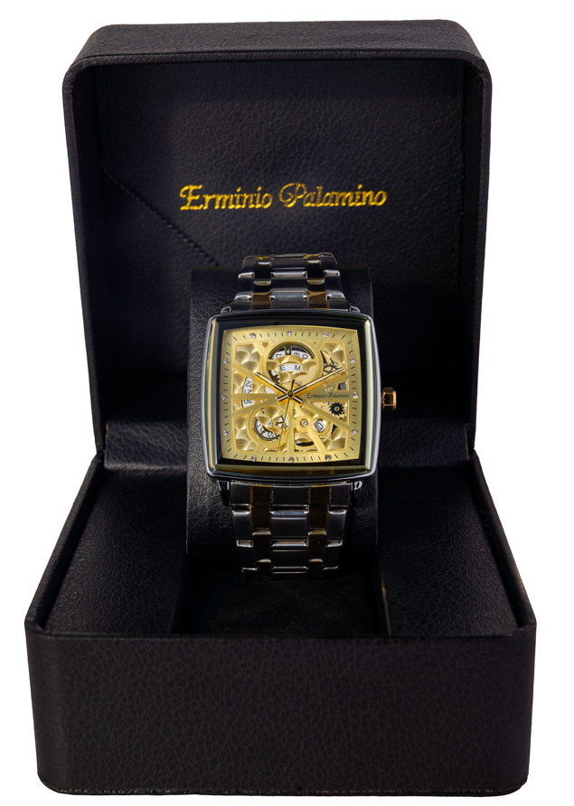 Erminio Palamino Royale - Luxury Skeleton Dial Quartz Square Men's Watch with Day-Date Display Stainless Steel Band, Water Resistant