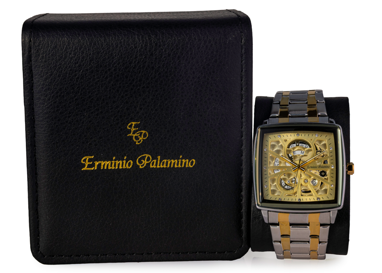 Erminio Palamino Royale - Luxury Skeleton Dial Quartz Square Men's Watch with Day-Date Display Stainless Steel Band, Water Resistant