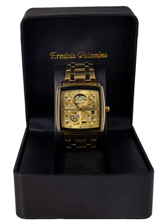 Erminio Palamino Royale - Luxury Skeleton Dial Quartz Square Men's Watch with Day-Date Display Stainless Steel Band, Water Resistant