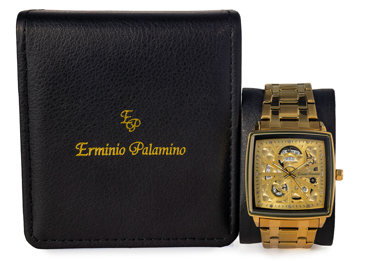 Erminio Palamino Royale - Luxury Skeleton Dial Quartz Square Men's Watch with Day-Date Display Stainless Steel Band, Water Resistant