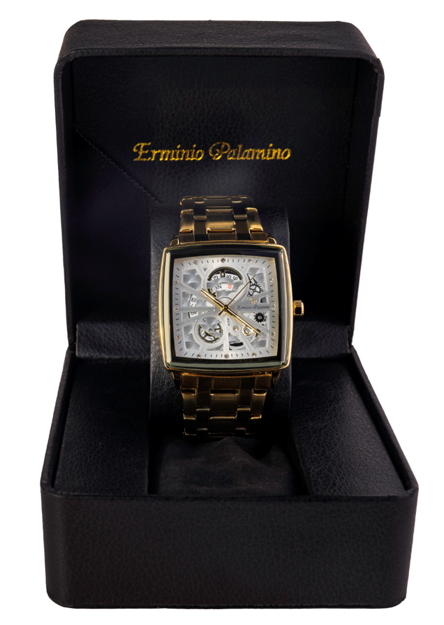 Erminio Palamino Royale - Luxury Skeleton Dial Quartz Square Men's Watch with Day-Date Display Stainless Steel Band, Water Resistant