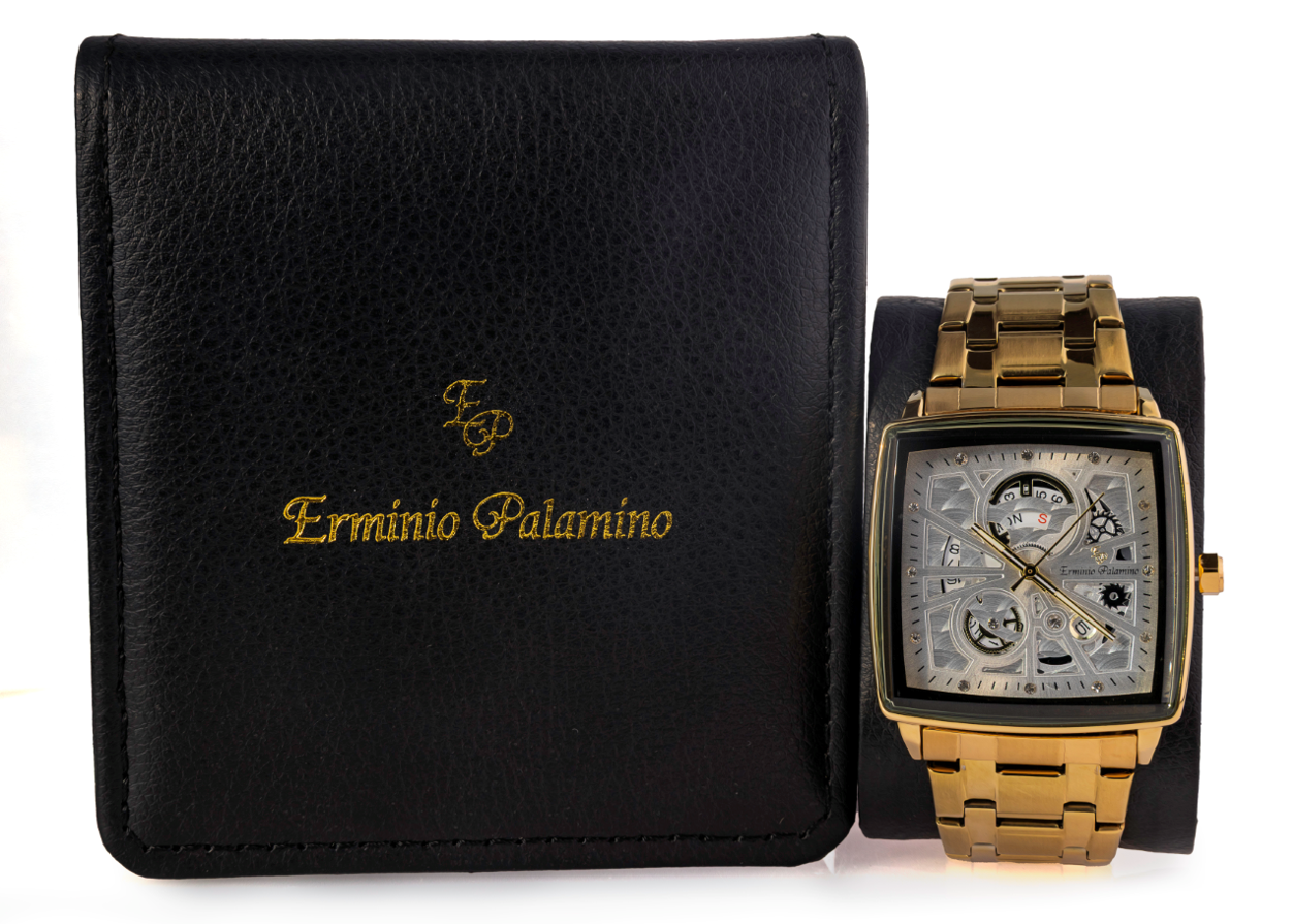 Erminio Palamino Royale - Luxury Skeleton Dial Quartz Square Men's Watch with Day-Date Display Stainless Steel Band, Water Resistant