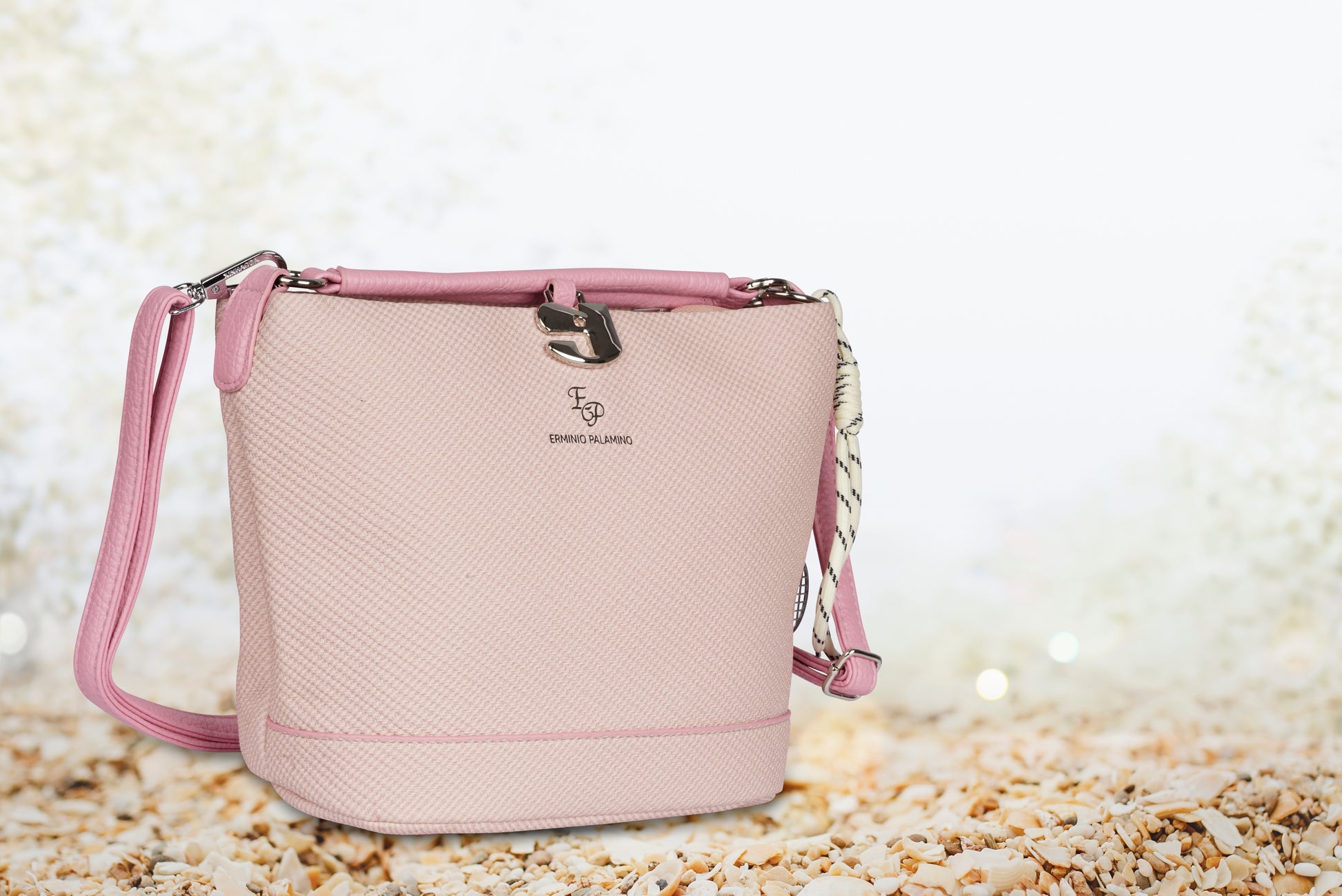 Erminio Palamino Designer Hobo Handbag, Textured Fabric, Silver Hardware with Decorative Charms